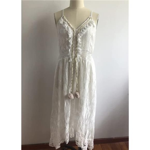 Summer Dress V Neck Spaghetti Strap Sleeveless High Waist A Boho White - Picture 5 of 7